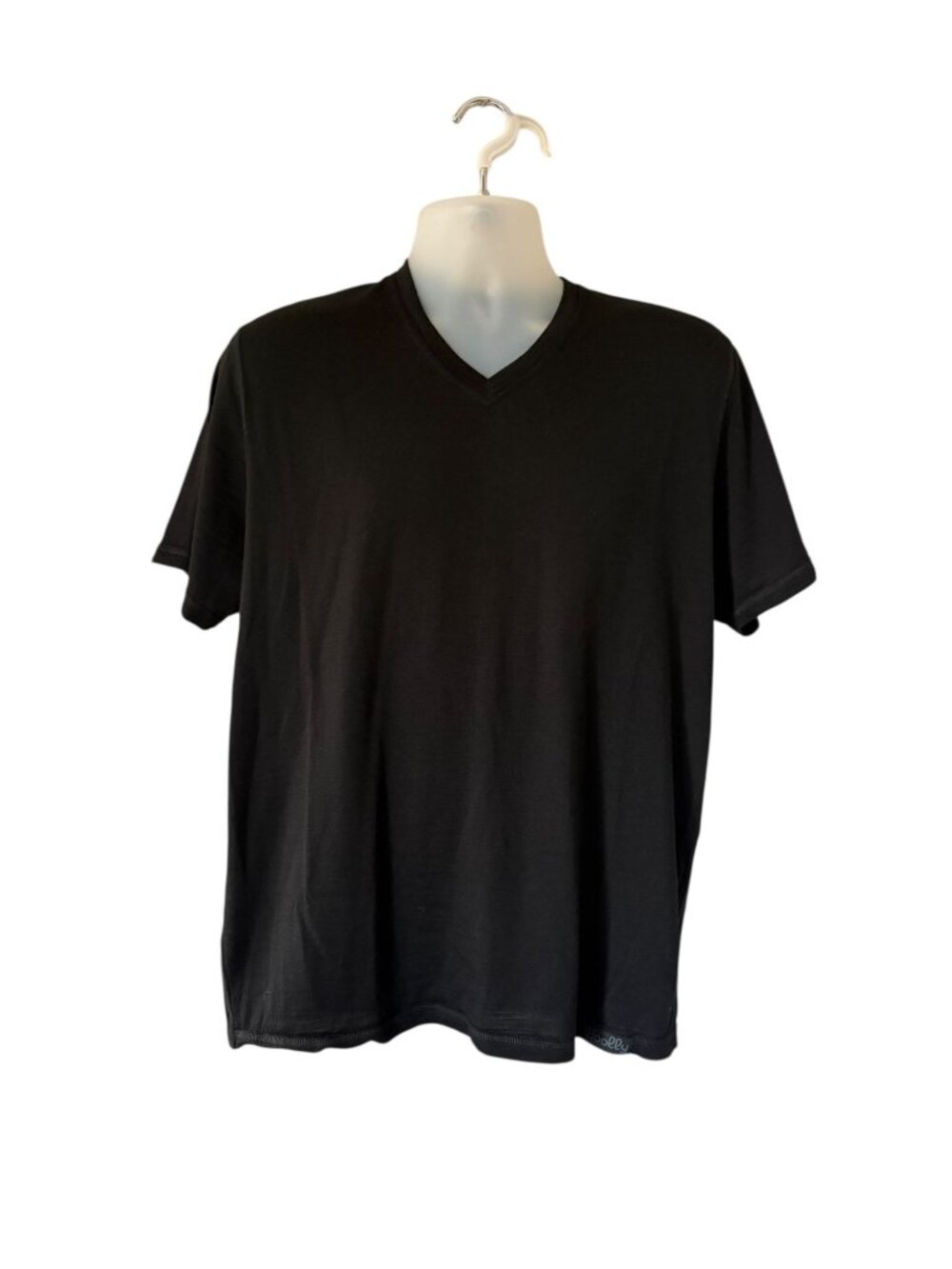 WOOLLY Mens Merino Wool Shirt V Neck Short Sleeve Black Casual Large